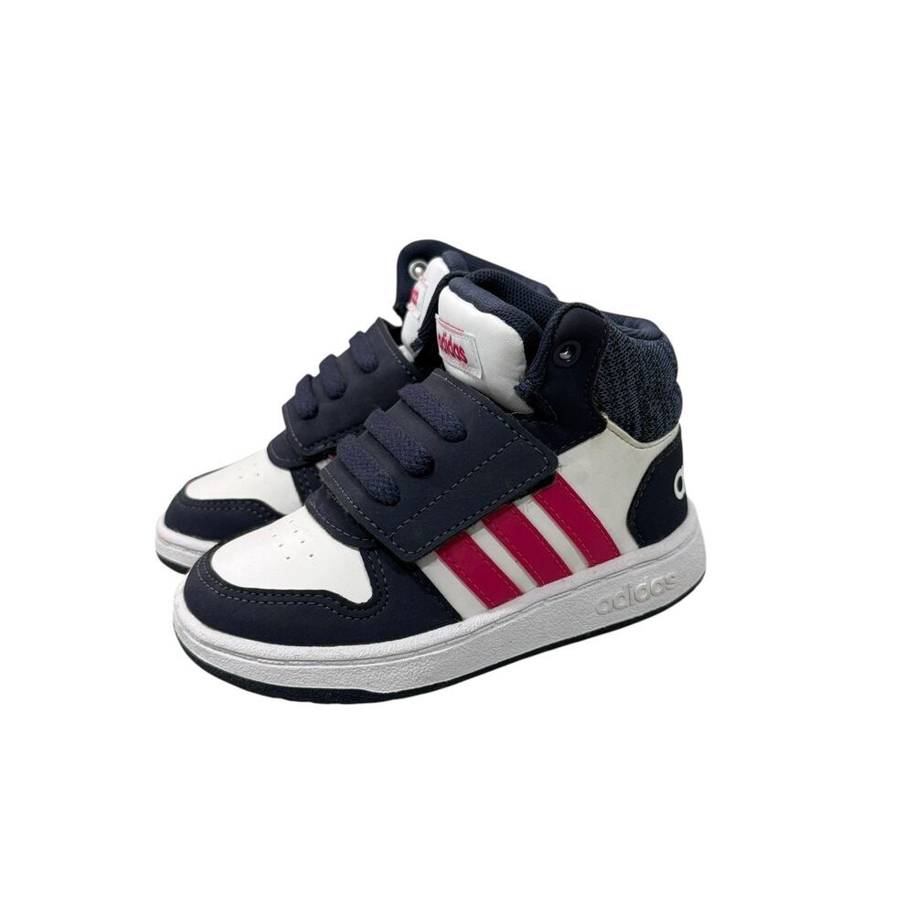 Adidas kids Hoops mid 2.0 Sneakers Toddler 5.5K White Navy Pink strap Basketball